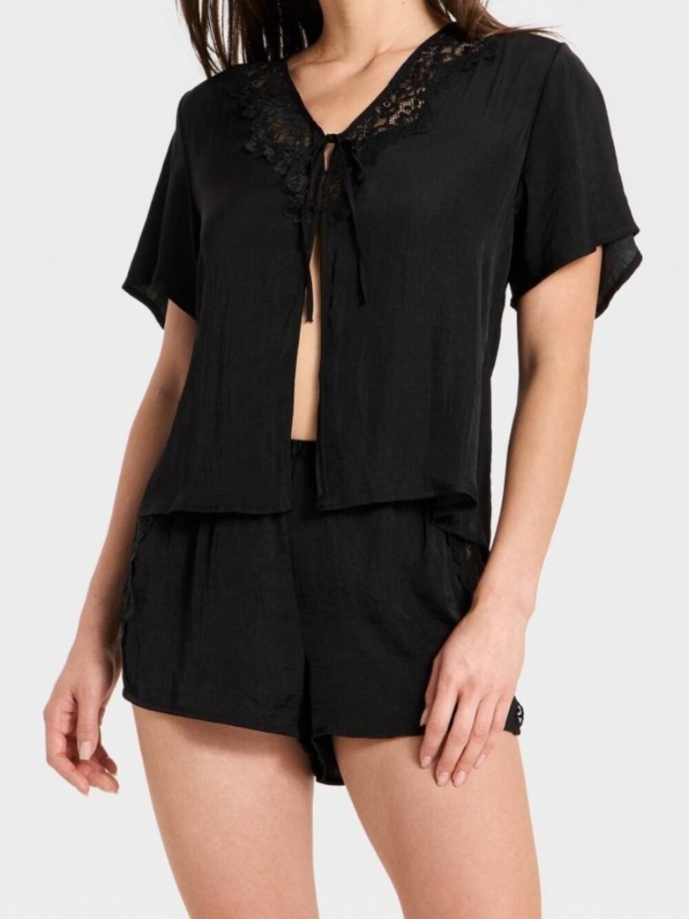 Auden Lace Trim Satin Fly Away Top & Shorts Pajama Set Black S M NWT MSRP $35